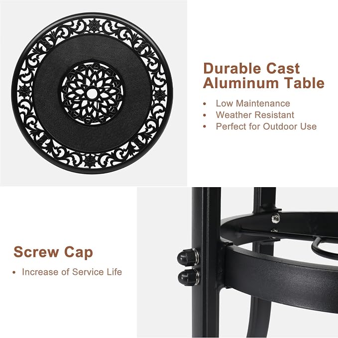 VINGLI 32" Outdoor Bar Table - Patio Bar Height with Umbrella Hole, Cast Aluminum Tall Outdoor Bistro Table for Balcony (Black)