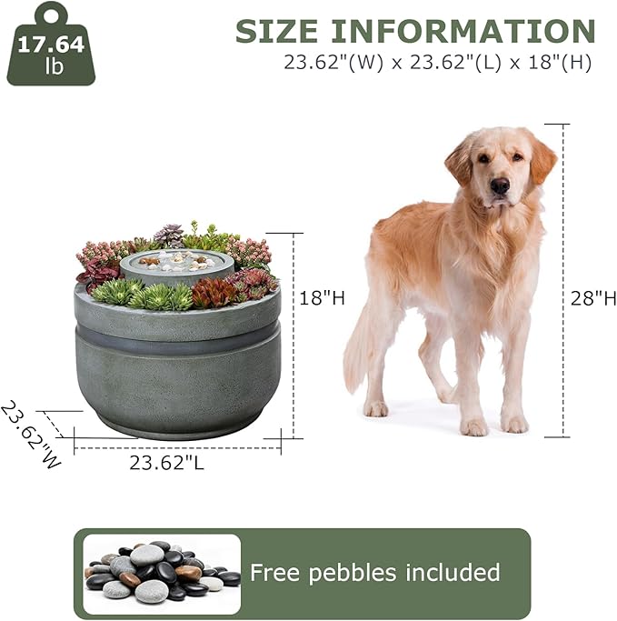 18" H Water Fountain Outdoor Bubbler Water Feature Outdoor with Lights and Built-in Planter Zen Garden Water Fountains for Patio Porch Deck Backyard Home Decor