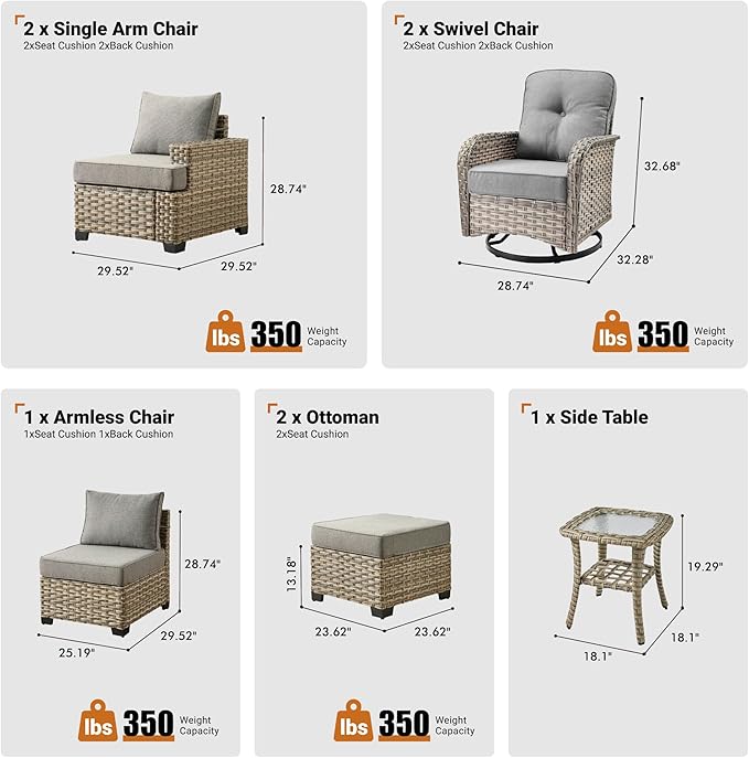 ovios 8 Piece Patio Sectional Furniture with Swivel Rocking Chairs, Rattan Wicker Coversation Couch Set, Outdoor Sofa Set for Outside Porch Balcony Backyard Pool, Dark Grey