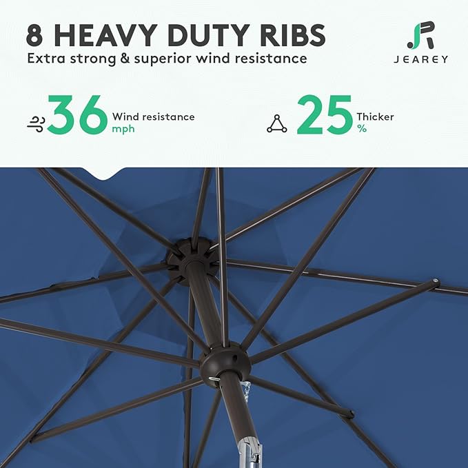 JEAREY 9FT Outdoor Patio Umbrella Outdoor Table Umbrella with Push Button Tilt and Crank, Market Umbrella 8 Sturdy Ribs UV Protection Waterproof for Pool, Deck, Backyard, Garden (Blue)
