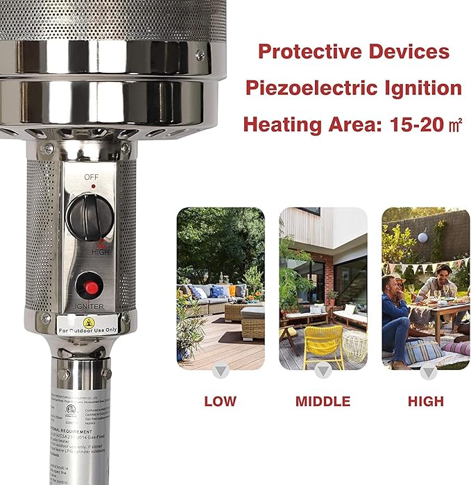 Patio Heater, Outdoor Propane Patio Heater with Iron Burner, Heat Focusing Reflector, Safety Auto Shut Off Valve, Wheels, Adjustable Heat, 36,000 BTU Outdoor Heater for Commercial & Residential Silver