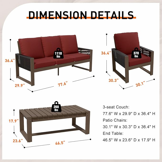 Rustic Hideaway Natural Cedar Wood Outdoor Furniture Set, Wicker Patio Conversation Set for Porch Garden Backyard, Couch, 2 Patio Chairs and Coffee Table, 4 Piece, Brownish/Red