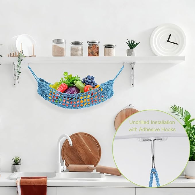 Macrame Fruit Hammock 1 Pack Cotton Fruit Holder Net Under Cabinet Veggie Storage Space Saving Kitchen Decor with Hooks (Azure Blue)