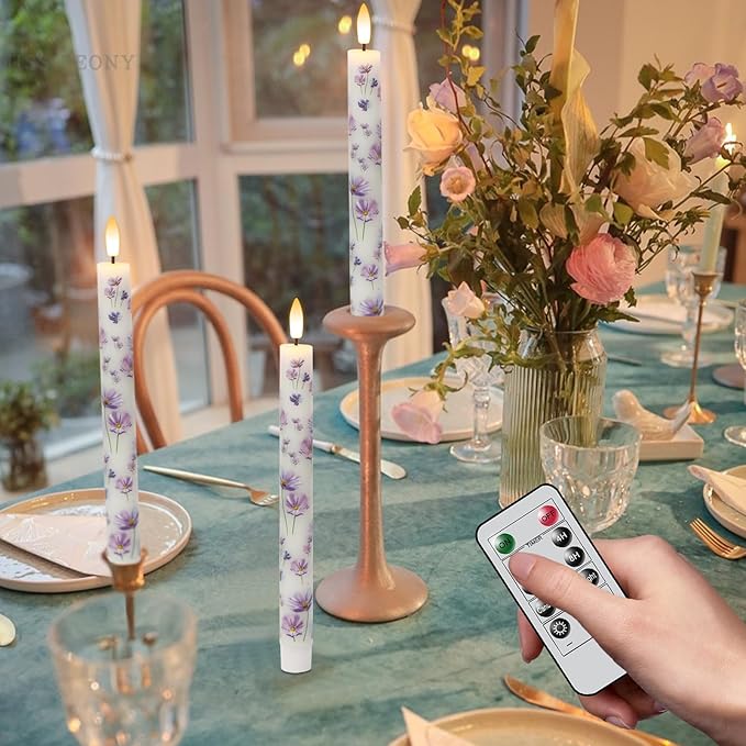 Purple Flowers Flameless Taper Candles with Remote Timer, LED Taper Candles Battery Operated Warm 3D Wick Flickering, Real Wax CandleSticks, Wedding Birthday Christmas Decor