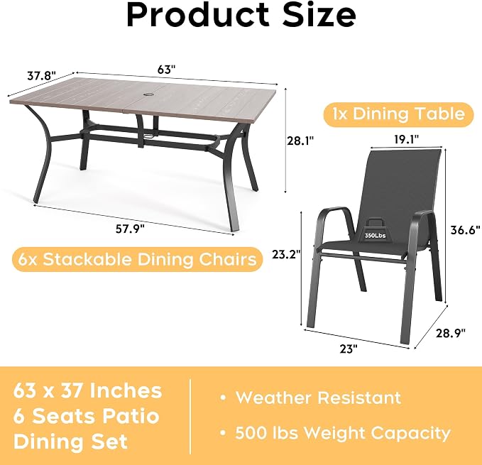 7-Piece Outdoor Dining Set - Rectangular Patio Table with Umbrella Hole and 6 Stackable Dining Chairs All-Weather for Garden, Deck, and Poolside (Natural, 63"L x 38"W x 28"H Rectangle Dining Table)