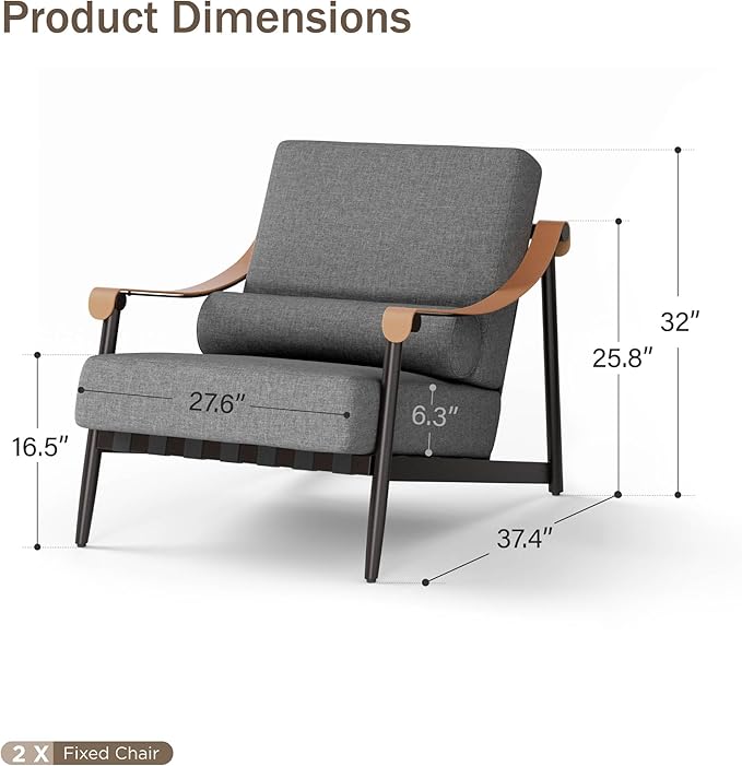 PHI VILLA 2PCS Patio Sofa Chair Set of 2, Extra Thick Cushion & Wider Deeper Seating, Metal Rustproof Frame & Olefin Cushion Fabric for All-Weather Outdoor Use (Backyard ICON Collection)