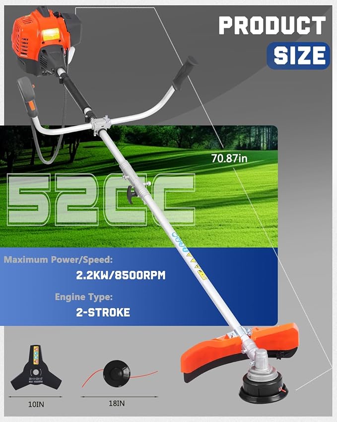 2-in-1 Gas Powered Weed Wacker - 52cc 2-Cycle String Trimmer and Brush Cutter Multi-Tool, 2.2KW 9500RPM Heavy Duty Gas Weed Eater with 18" Trimmer Head & 10" 3T Blade for Yard Care(GT5112)