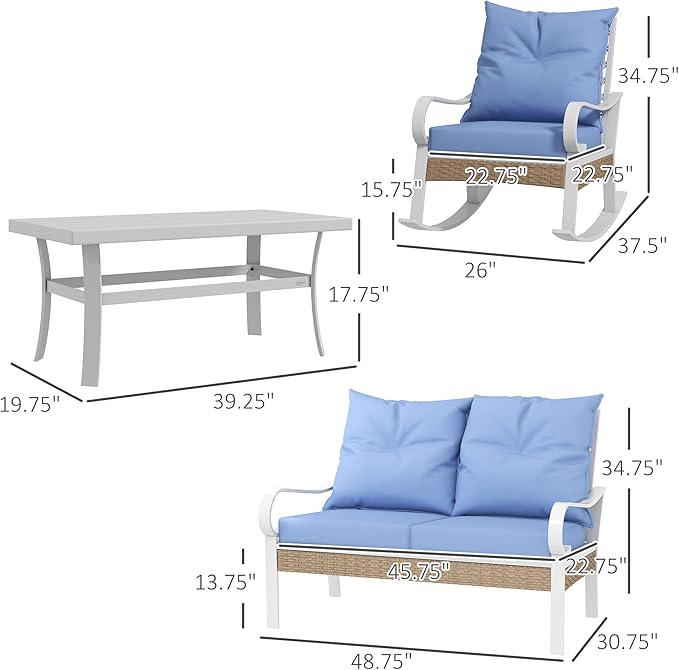 Outsunny 4 Piece Patio Furniture Set for Backyard, Lawn and Pool, Outdoor Conversation Set with Loveseat Sofa, Rocking Chairs, Coffee Table, Light Blue