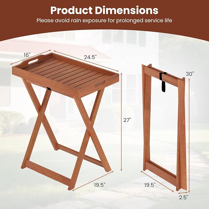 Giantex Outdoor Side Table, Wooden Folding Table with Removable Tray Top, Food Serving Tray with Stand for Patio, Porch, Garden, Backyard & Poolside