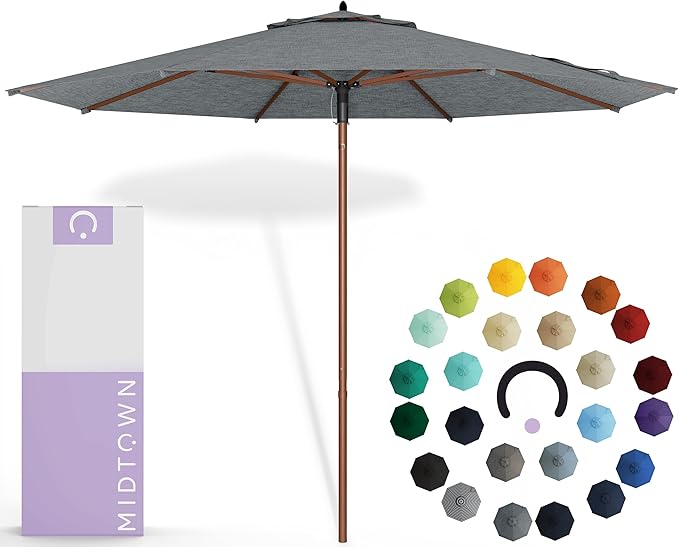 Midtown Umbrellas The Wooden 8 Feet Patio Umbrella With Sunbrella Cast Slate Acrylic Fabric - Aluminum Frame Market Umbrella For Backyard, Deck, Garden, Pool - Wooden Pole