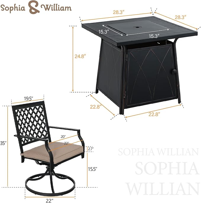 Sophia & William 5 Pieces Patio Dining Set with Gas Fire Pit Table Outdoor Patio Furniture 28" Propane Fire Pit Table 50,000 BTU Auto-Ignition, 4 Patio Swivel Chairs for Lawn Garden Yard Black