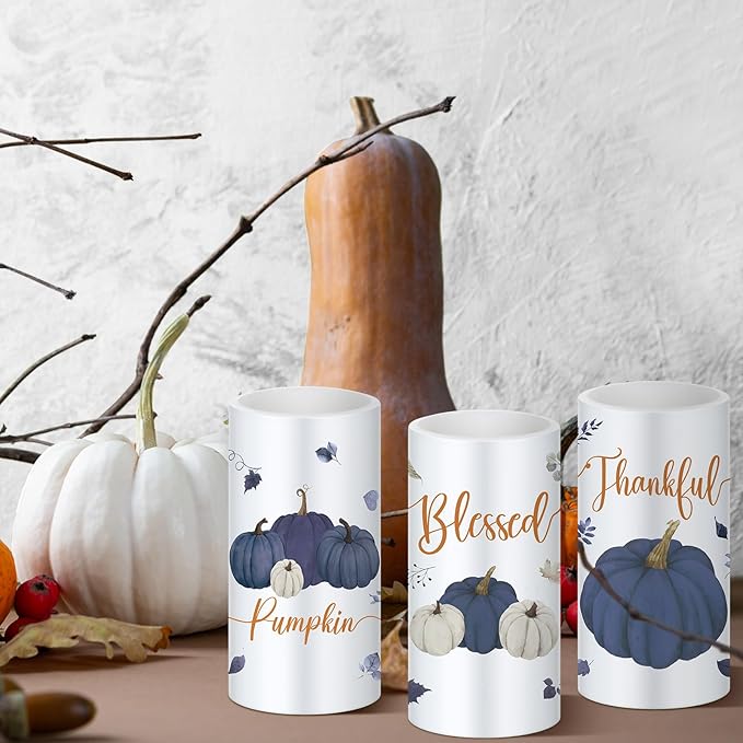 Retisee 3 Pcs Blue Pumpkin Thanksgiving Flameless LED Candles Thankful Blessed Thanksgiving Battery Operated Candles with Remote Blue Pumpkin Decor for Table Centerpiece Bedroom Harvest Decoration