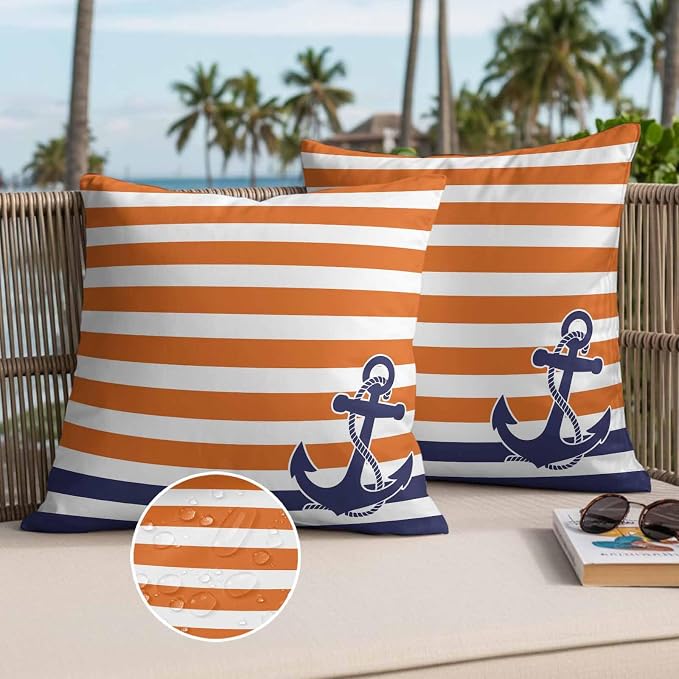 Throw Pillow Covers 24x24 Inch Set of 2, Anchor Orange Waterproof Outdoor Cushion Covers, Modern Navy Blue White Striped Nautical Decorative Pillowcases for Couch, Sofa, Bed, Garden, Patio