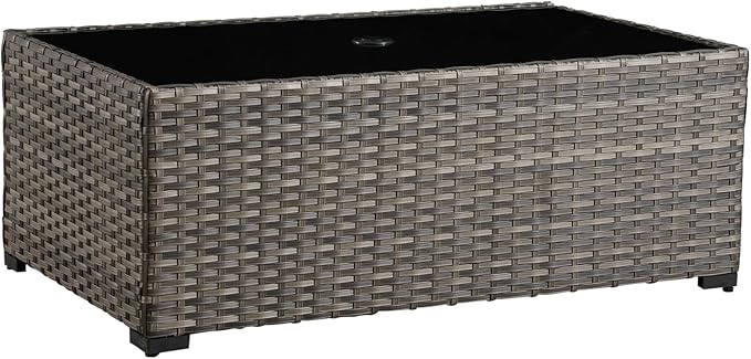 HOOOWOOO Outdoor Patio Coffee Table with Umbrella Hole, All-Weather Handwoven PE Wicker Rattan Rectangle Bistro Side End Table with Storage Shelf