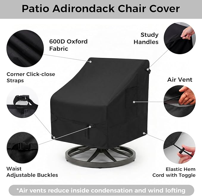 Dntorx 2 Pack Waterproof Patio Chair Covers, 32W x 35D x 36H Inches Durable Patio Furniture Covers with 1 Handbag for Lounge Deep Seat, Adjustable Waist Belt & Windproof & Breathable(Black)