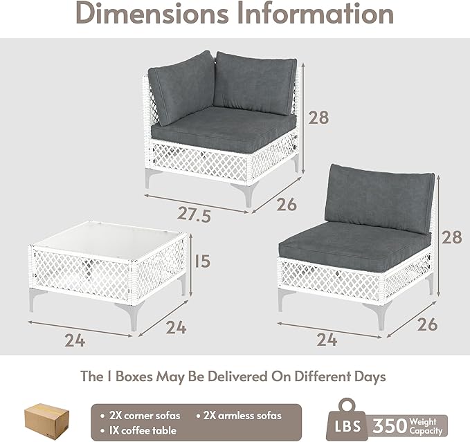 ENSTVER 5-Piece Outdoor Patio Furniture Set, Value Lightweight Boho Outdoor Sectional with Handwoven Wicker & Easy Assembly, Durable Outdoor Sofa for Small Patio, Balcony（Cushion Dark Grey）