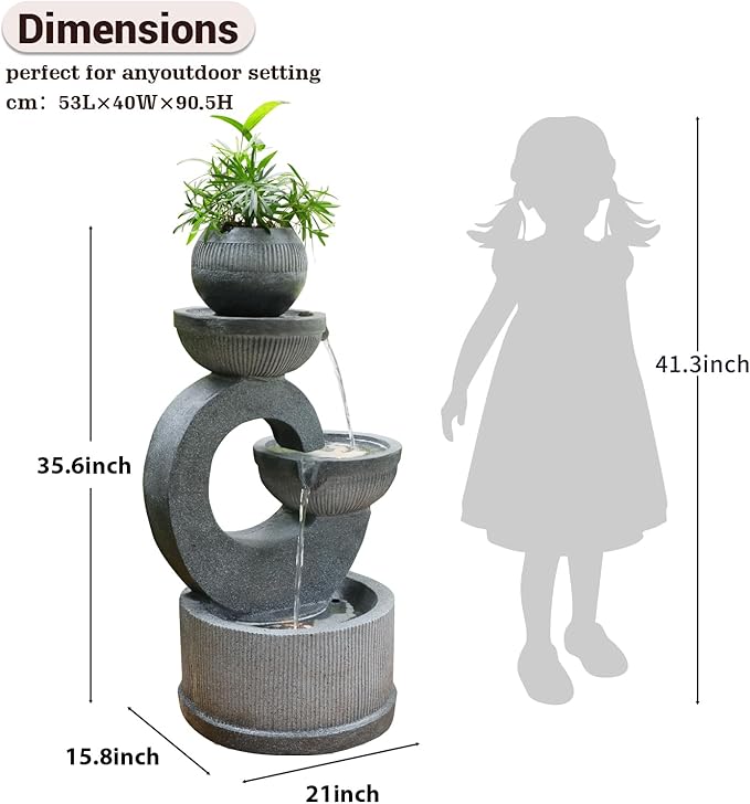 35.6" Tall 3-Tier Resin Outdoor Water Fountain with LED Lights, Natural Cascading Crock Bowl Design for Garden, Patio, Yard, Porch & Deck Décor – Dark Gray