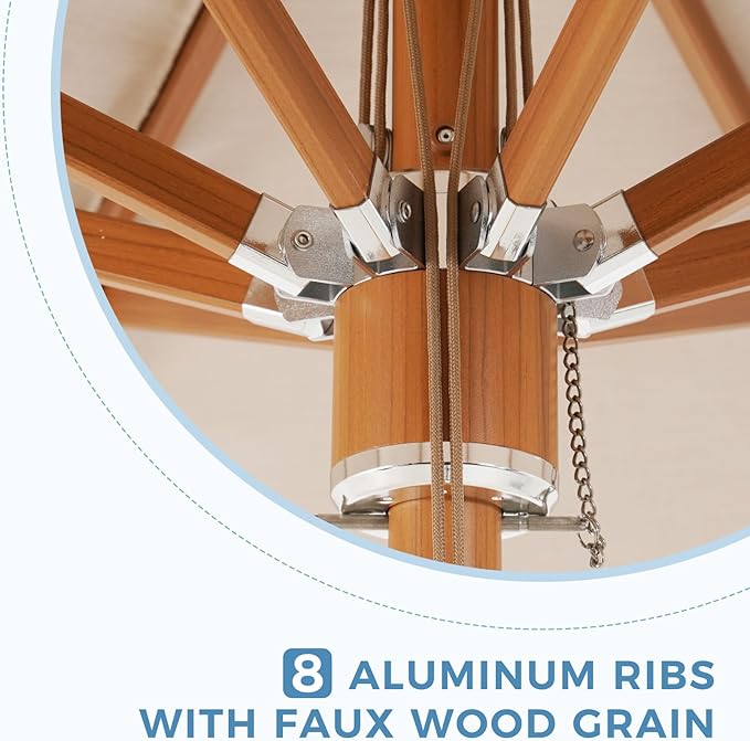 Grand patio 11 FT Sunbrella Patio Umbrella, Outdoor Umbrella with 8 Faux-Wood Grain Aluminum Ribs, Market Umbrella with Pulley Lift, Ventilation, Poolside, Deck, Backyard, Flax