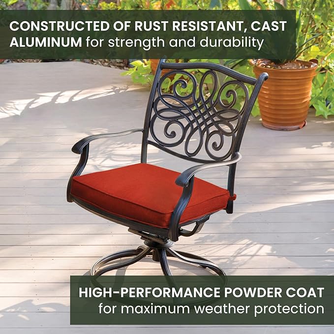 Hanover Traditions 7-Piece Patio Dining Set with 60" Round Cast-Top Table and Swivel Rockers with Autumn Berry Cushions, Patio Dining Set for 6, Premium Weather Resistant Outdoor Dining Set