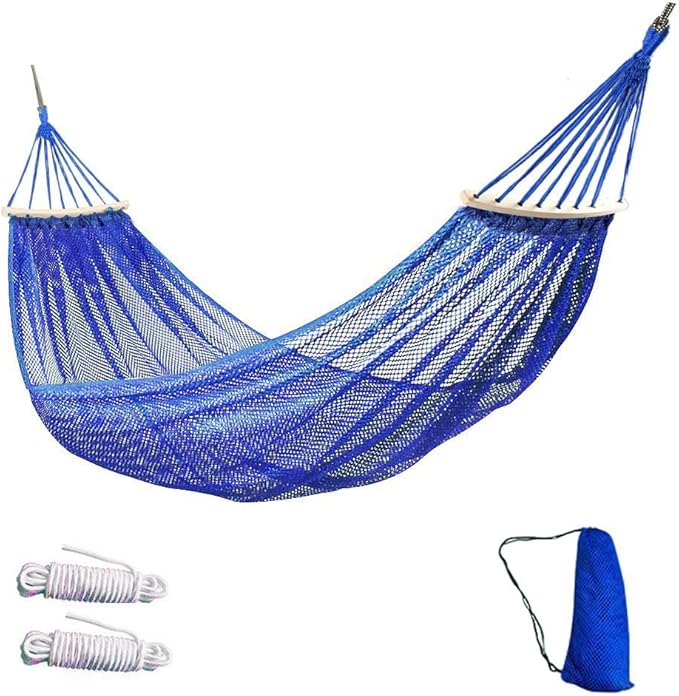 Portable Hammock Chair Swing, Super Soft Breathable Nylon Mesh Hammock Tent Camping Backyard Patio，Heavy Duty Hanging Swing for Indoor Outdoor (Blue, with Wooden Support)