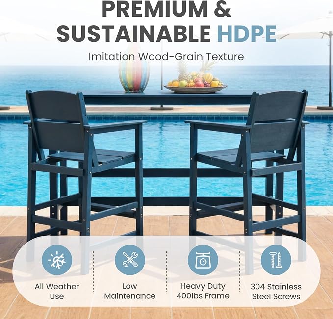 HDPE Outdoor Bar Height Chairs Set of 6, 28.5" Seat All-Weather High Top Patio Stools with Backrest, Heavy Duty Commercial Grade Deck Seating for Backyard Party/Pool/Balcony, Wood Texture Blue