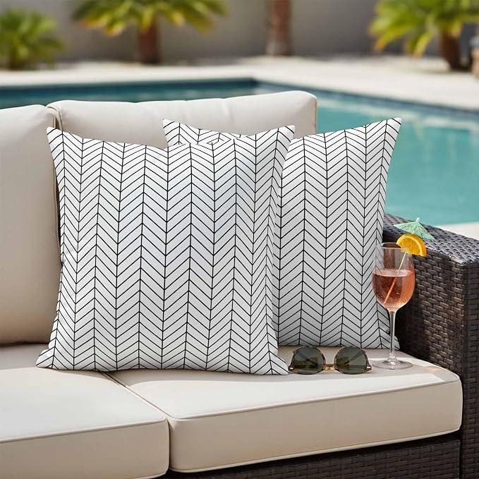 Outdoor Waterproof Throw Pillow Covers Set of 2 Black White Chevron Stripes Pillowcases 24x24 Inches Modern Geometric Texture Decorative Pillows Cushion Case Patio Pillows for Couch Bed Chair Garden