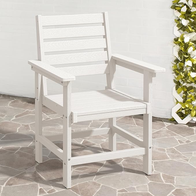 HDPE Outdoor Dining Chair, Weather Resistant Heavy Duty Patio Chair with Armrest, 17.5" Seat Height 300LBS Support for Backyard Deck Porch Balcony, White