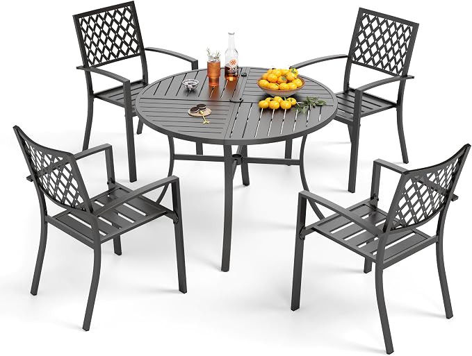PHI VILLA 5 Pcs Outdoor Dining Set for 4&Round Steel Table | Metal Table w/Umbrella Hole&Stacking Wrought Iron Chairs,Modern Furniture Set for Patio,Deck,Backyard,Porch