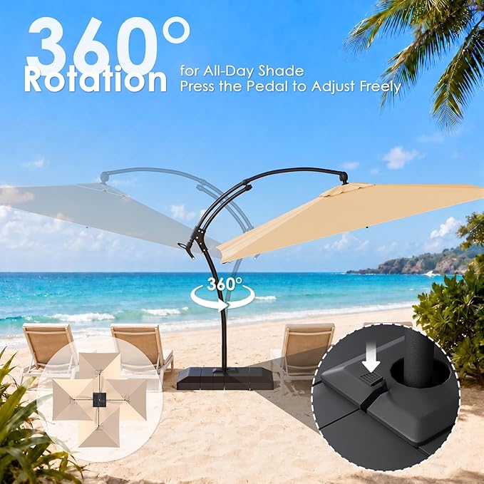 AECOJOY 10 Ft Cantilever Umbrella with Base Included, Large Square Aluminum Outdoor Cantilever Offset Patio Umbrellas w/ 360° Rotation, Infinite Tilt Adjustment for Pool, Garden, Desk, Beige