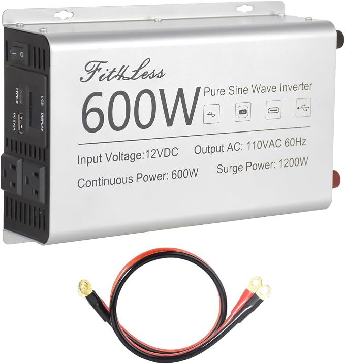 Pure sine Wave Inverter DC 12V Input and AC 110V Output with LCD Display, USB Output Port, Type-C Output Port(600W)