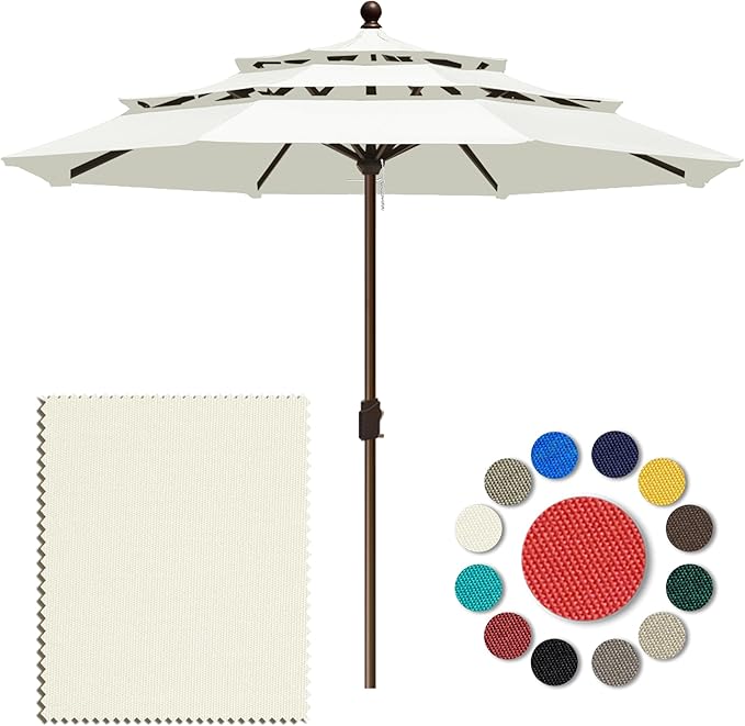 Eurmax USA 10-Year-Non-Fading 10FT 3-Tier Outdoor Patio Market Umbrella,UPF50+ UV Resistant,Heavy Duty Commercial Grade,Crank Lift Design,Windproof Vented Top for Garden,Pool,Deck,Natural