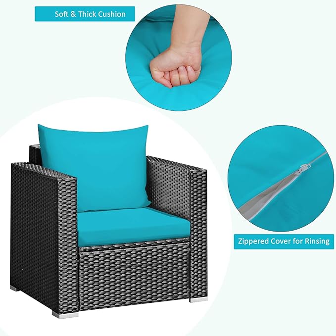 Tangkula 3 Pieces Patio Furniture Set, PE Rattan Wicker Sofa Set w/Washable Cushion Cover and Tempered Glass Tabletop, Outdoor Conversation Furniture for Garden