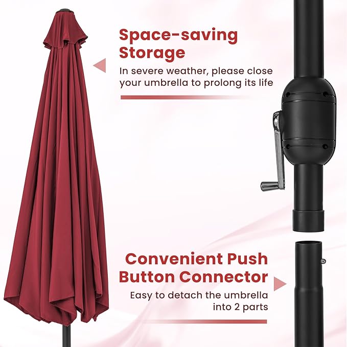 Tangkula 12 FT Patio Umbrella, Outdoor Market Umbrella with Crank Handle, 8 Sturdy Ribs, Double-Tiered Table Umbrella, Sun-Protective Waterproof Canopy Round Parasol for Garden Backyard Pool (Wine)