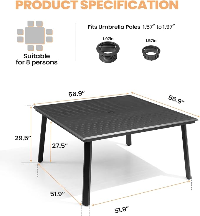 Pellebant Aluminum Outdoor Patio Dining Table for 8, Weather-Resistant Sturdy Frame and 57" Square Top with Umbrella Hole for Deck, Porch, Backyard