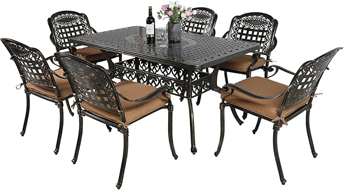 VIVIJASON 7-Piece Patio Furniture Dining Set, All-Weather Cast Aluminum Outdoor Conversation Set, Include 6 Cushioned Chairs and a Rectangle Table with Umbrella Hole for Balcony Lawn Garden Backyard