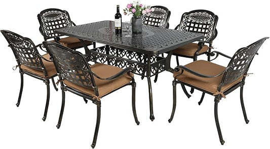 VIVIJASON 7-Piece Patio Furniture Dining Set, All-Weather Cast Aluminum Outdoor Conversation Set, Include 6 Cushioned Chairs and a Rectangle Table with Umbrella Hole for Balcony Lawn Garden Backyard