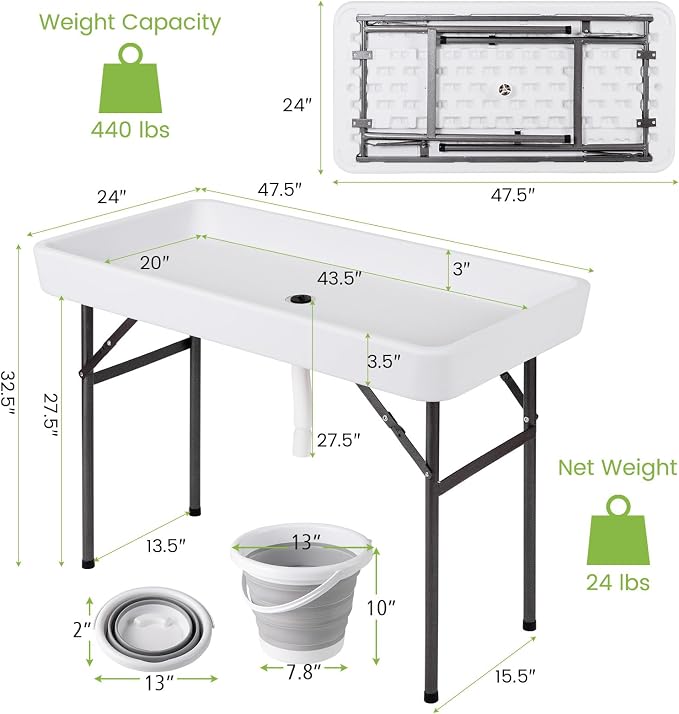 COSTWAY 4FT Cooler Table, Folding Ice Table for Parties with Drain & Bucket & Removable Skirt, Ideal for Tailgate, BBQ & Picnic
