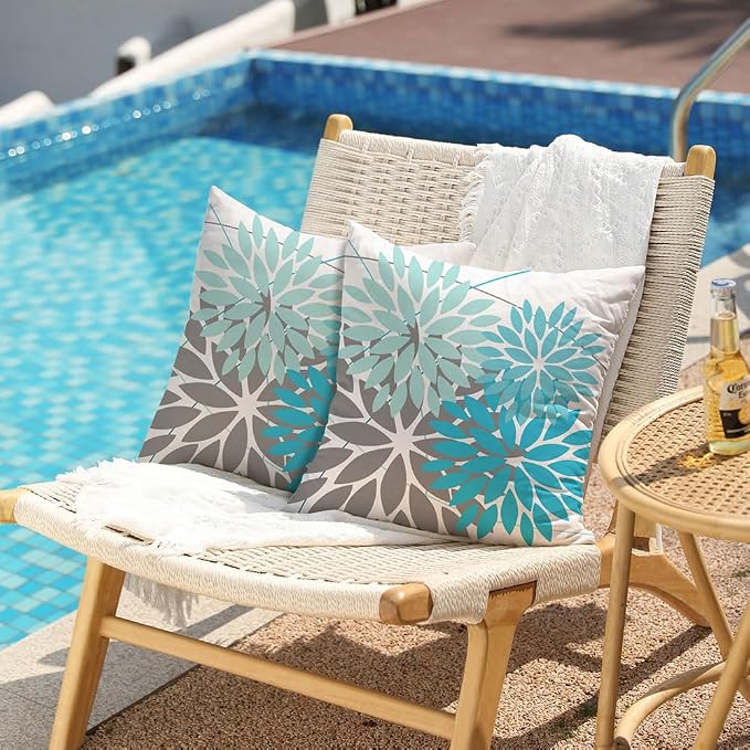 DFXSZ Pack of 2 Outdoor Waterproof Throw Pillow Covers 20x20 LightBlue Grey | Polyester Colorful Spring Summer Floral Decorative Cushion Cases(NO INSERT),For Couch Patio Funiture Garden Home Decor