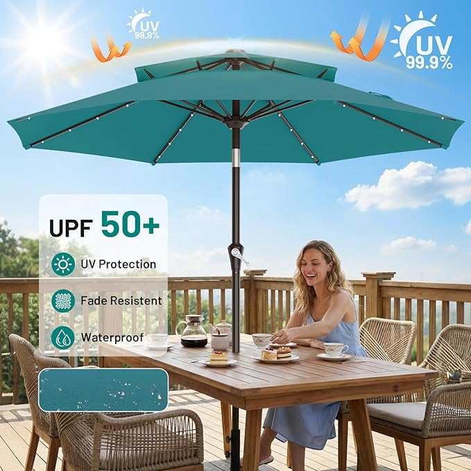 AreShark 9ft 2 Tiers Patio Umbrella with Solar Lights, Outdoor Umbrella w/ 32 LED Lights&8 Sturdy Ribs, Table Umbrella for Deck, Backyard, Pool(Lake Blue)
