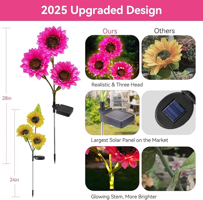 3 Pack Solar Garden Flowers Lights Outdoor Waterproof Sunflower Solar Lights for Yard Decorations Garden Decor for Yard Patio Lawn Gift for Mom Women Mother's Day