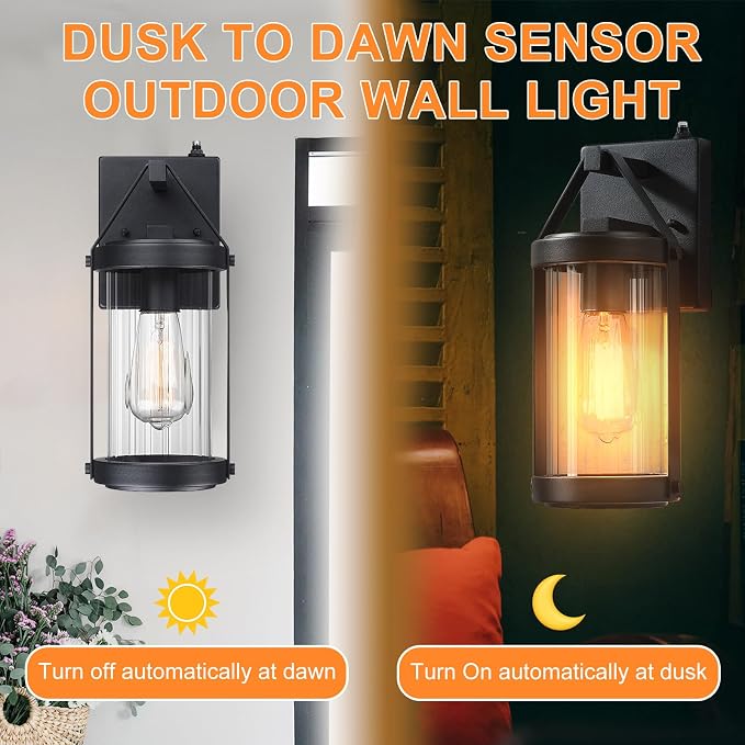 2 Pack Dusk to Dawn Sensor Black Outdoor Wall Sconce Lightings | Exterior Porch Lantern Waterproof Outside Garage Light Fixtures Wall Mount for House Patio Entryway
