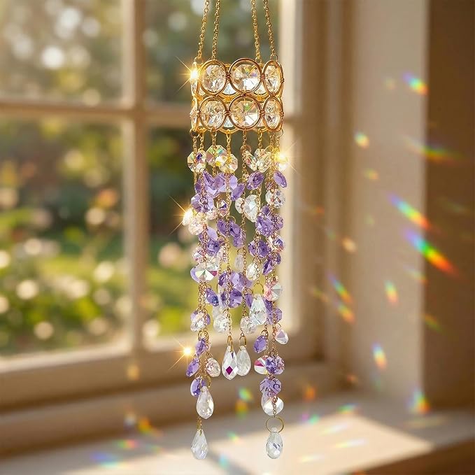 Crystal Suncatchers for Window Hanging Decor, Prism Rainbow Maker with Chain & Hook, Ornament for Ceiling, Garden, Home, Indoor & Outdoor Decoration, Purple