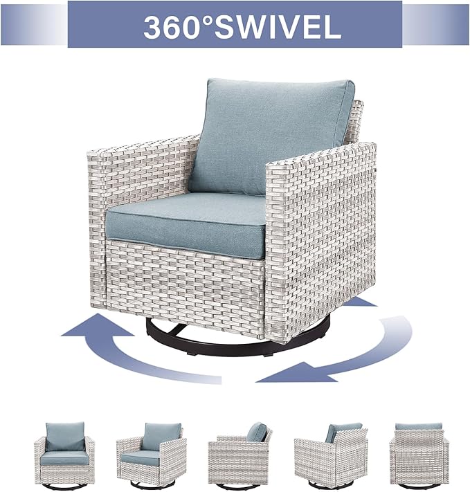 Outdoor Patio Swivel Rocker Chairs - 3 Piece Wicker Patio Furniture Bistro Swivel Rocking Chairs Set with Comfortable Cushions,Sturdy Metal Frame and Side Table for Porch Deck(Light Grey/Sky Blue)