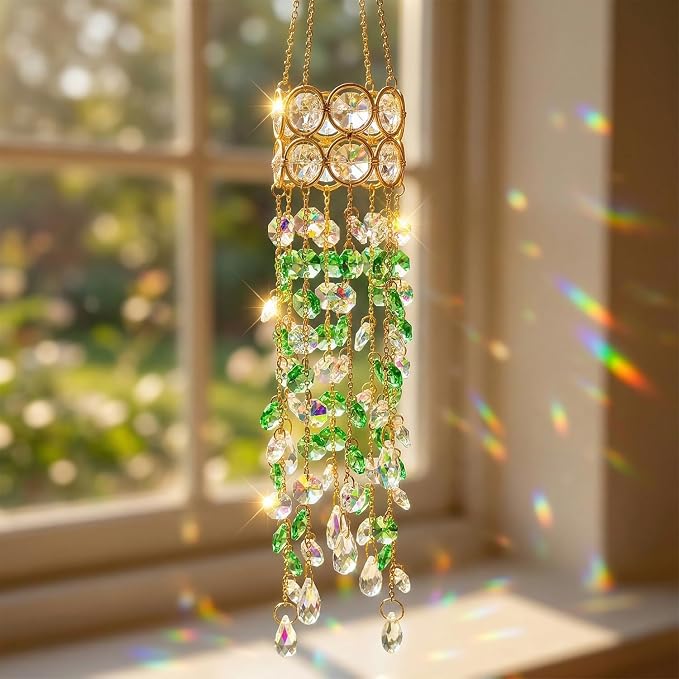 Crystal Suncatchers for Window Hanging Decor, Prism Rainbow Maker with Chain & Hook, Ornament for Ceiling, Garden, Home, Indoor & Outdoor Decoration, Green