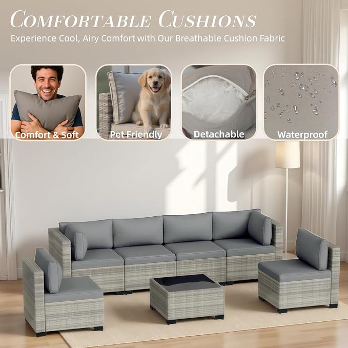 7-Piece Outdoor Patio Furniture Set, Gray PE Rattan Sectional Sofa with Light Grey Cushions and Steel Frame, Coffee Table Included, Modular Outdoor Conversation Set for Patio Garden Poolside