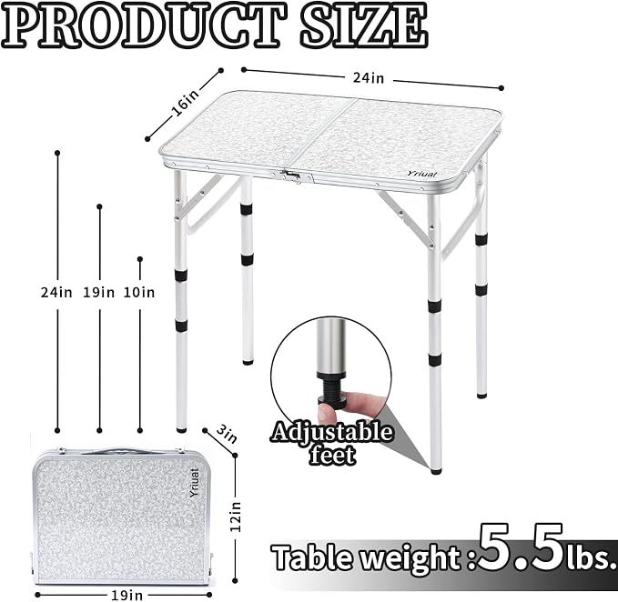 Yriuat Folding Camping Table 2ft Portable Picnic Table Adjustable Height Small Card Table Aluminum Foldable Lightweight with Carry Handle for Outdoor Indoor Hiking Camp BBQ Beach