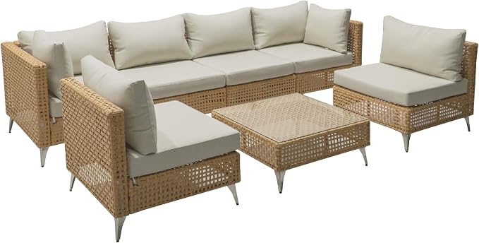 YOPTO 7-Piece Outdoor Conversation Sectional Sofa Set with Water Resistant Thick Cushions & Coffee Table,Wicker Patio Furniture Set W/Removable Cushions Cover,DIY Combination,for Porch,Backyard,Beige