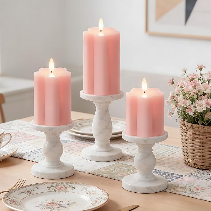 Pink Flower Flameless Candles with Remote and Timer Real Wax Made LED Pillar Candles Battery Operated with 3D Flickering Flame Indoor Use Spring Decor, 3" x 4",5",6", Set of 3