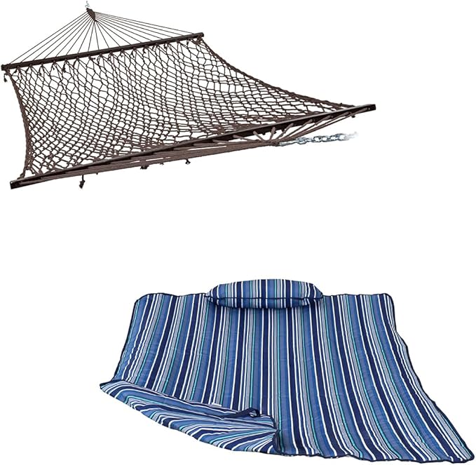 Sunnydaze Brown 450 lb Capacity Cotton Rope Hammock and Breakwater Stripe Polyester Quilted Hammock Pad and Pillow Set