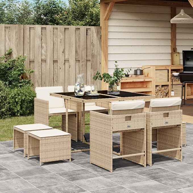 9 Piece Patio Dining Set with Cushions Beige Outdoor Poly Rattan Table and 4 Folding Chairs for Garden Backyard Deck Seating